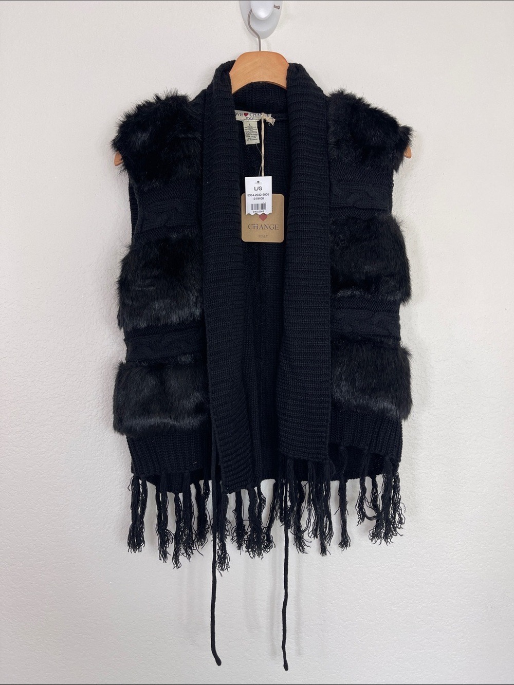 Black Faux-Fur Panel Fringe Knit Vest love Change Italy